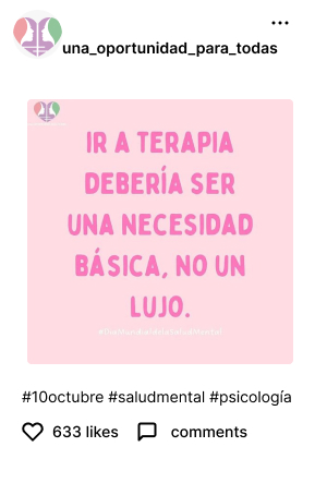 post de instagram con la frase: ir a terapia debería ser una necesidad básica, no un lujo